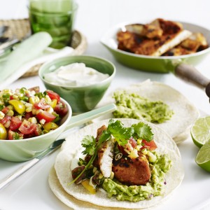 Chicken Tacos with Tomato Salsa and Guacamole