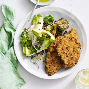 Chicken Schnitzel with Chargrilled Corn and Lentil Salad