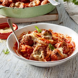 Cheese-Stuffed Beef Mince Meatballs and Pasta recipe