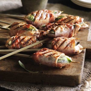 Quail Skewers Wrapped in Pancetta with Sage