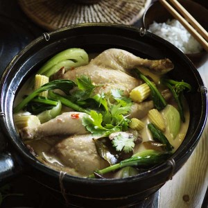 Poached Chicken Soup with Asian Greens and Baby Corn