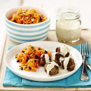 Middle Eastern Lamb Meatballs with Chickpea Yogurt and Carrot Salad