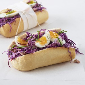 Red Cabbage Slaw with Soft-Boiled Egg on a Baguette