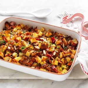 Christmas stuffing tray bake with bacon
