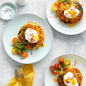 Bubble and squeak turkey fritters with poached eggs 