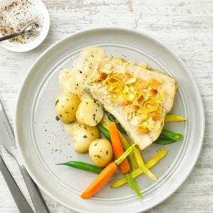 Oven Baked Almond Crusted Barramundi Served with Vegetables