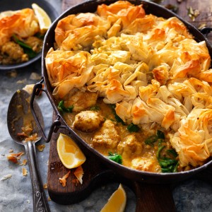 Curried fish pie with filo pastry