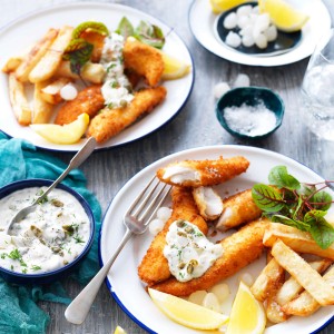 Panko crumbed fish and chips with homemade tartare sauce